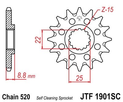 Obrázek produktu Řetězové kolečko JT JTF 1901-15SC 15 zubů, 520 Samočistící, Nízká hmotnost JTF1901.15SC