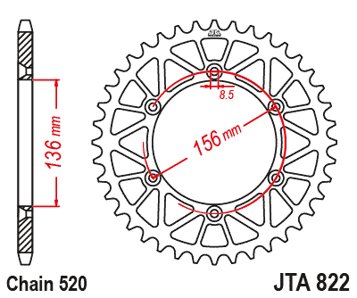 Obrázek produktu Hliníková řetězová rozeta JT JTA 822-44BLK 44 zubů, 520 černá