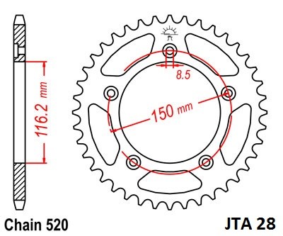 Obrázek produktu Hliníková řetězová rozeta JT JTA 28-43 43 zubů, 520 JTA28.43