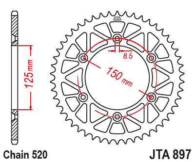 Obrázek produktu Hliníková řetězová rozeta JT JTA 897-49RED 49 zubů, 520 červená JTA897.49RED