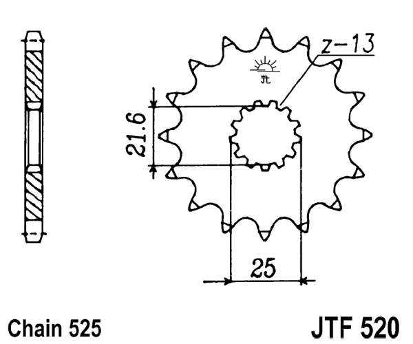 Obrázek produktu řetězové kolečko s tlumící gumovou vrstvou pro sekundární řetězy typu 525, JT (15 zubů)