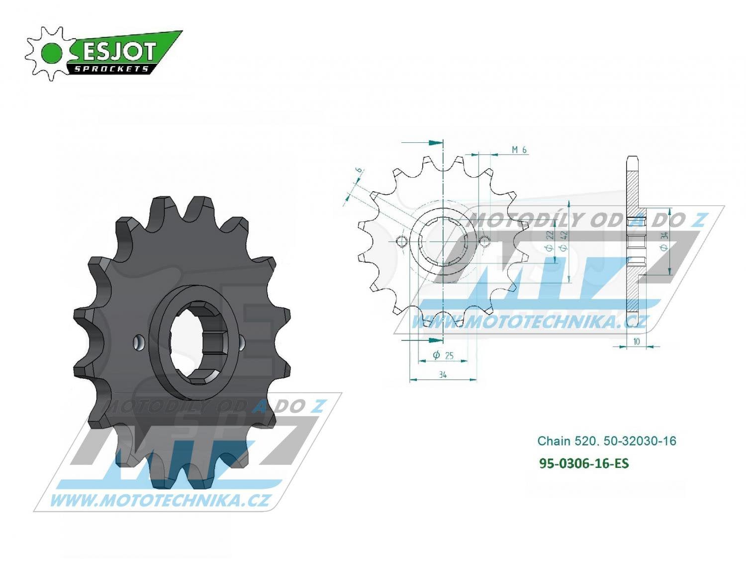 Obrázek produktu Kolečko řetězové (pastorek) 0306-16zubů ESJOT 50-32030-16 - Honda NX650 Dominator / 88 + XL400RC / 82 95-0306-16-ES