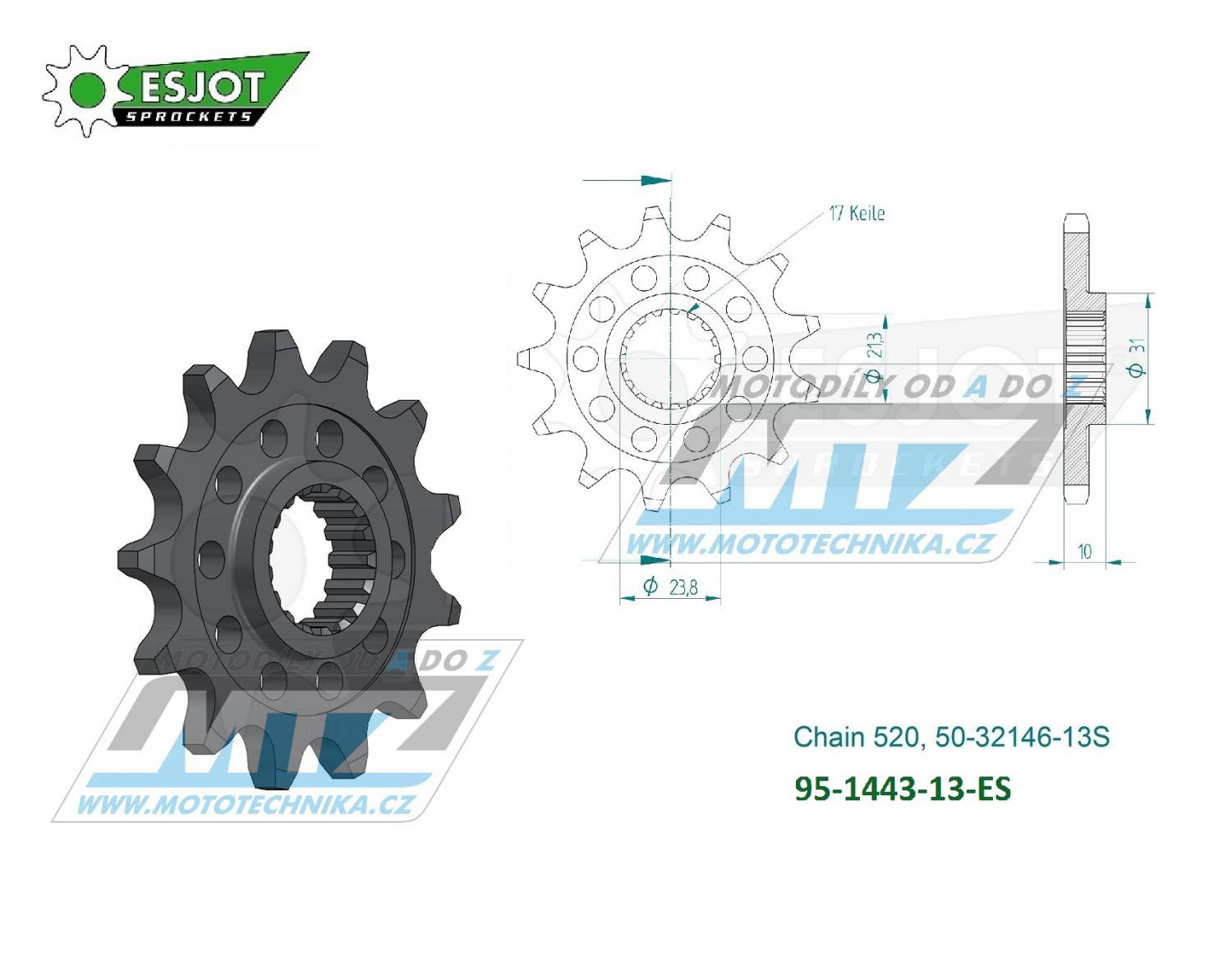 Obrázek produktu Kolečko řetězové (pastorek) 1443-13zubů ESJOT 50-32146-13S - Suzuki RMZ450 / 13-23 95-1443-13-ES