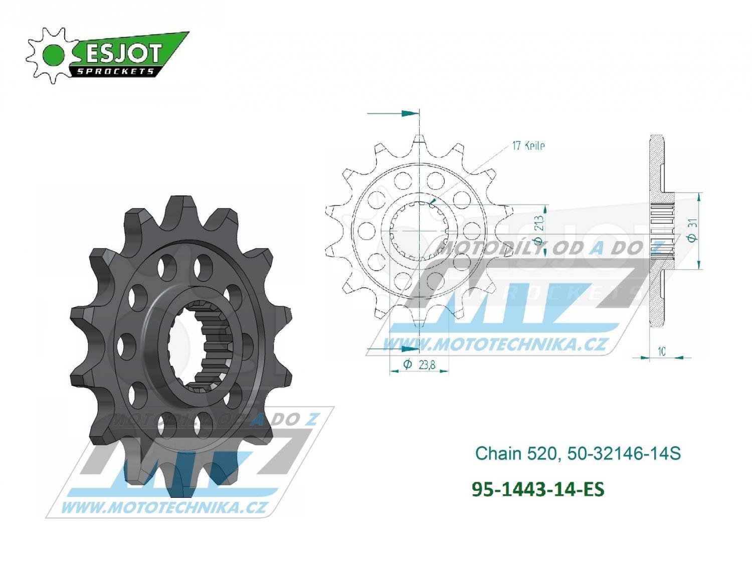 Obrázek produktu Kolečko řetězové (pastorek) 1443-14zubů ESJOT 50-32146-14S - Suzuki RMZ450 / 13-23 95-1443-14-ES